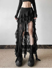 Hnewly  Elegant Tulle Ruffle Skirt Women Boho Lace Vintage White Irregular Skirt Korean Style Summer Layered Mid Skirts Street