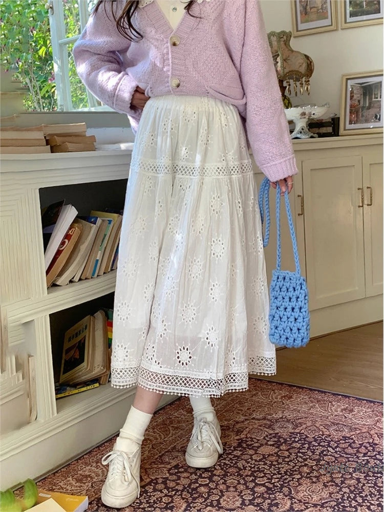 Hnewly   Hollow Lace Spliced White Long Skirt 2025 Spring Summer New Elastic Waist Cotton A-line Vacation Beach Boho Skirt