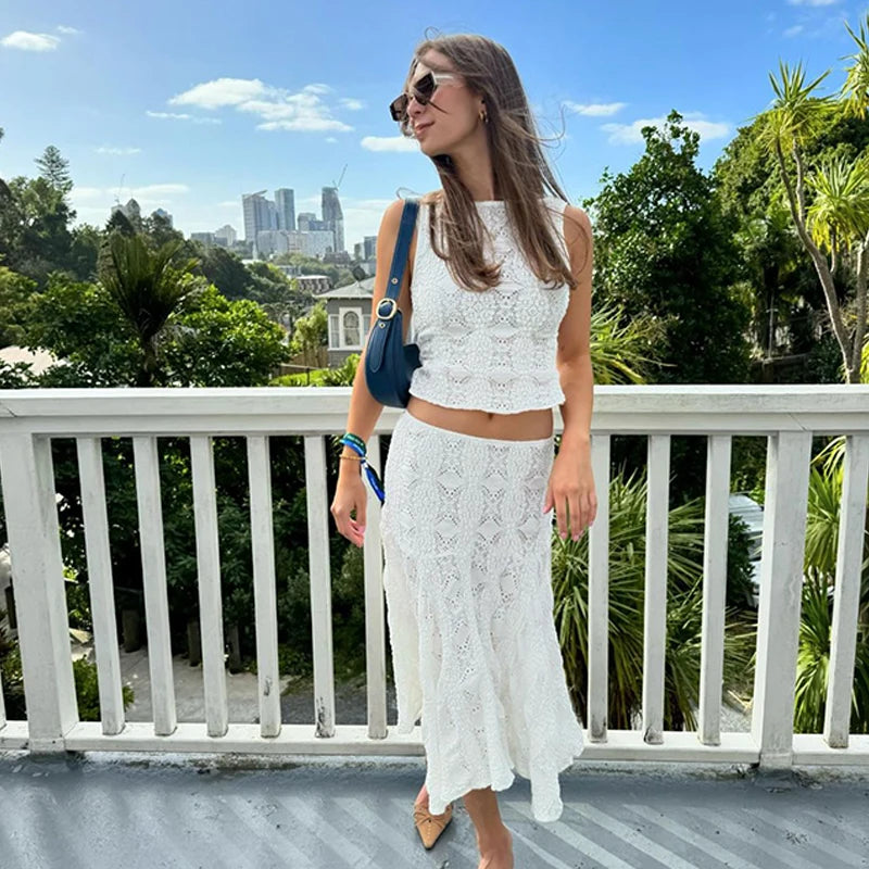 Hnewly Temperament Y2K Casual Streetwear Suits Summer Slim Sleeveless Lace Hollow Top and White Beach Skirt Women 2 Piece Set