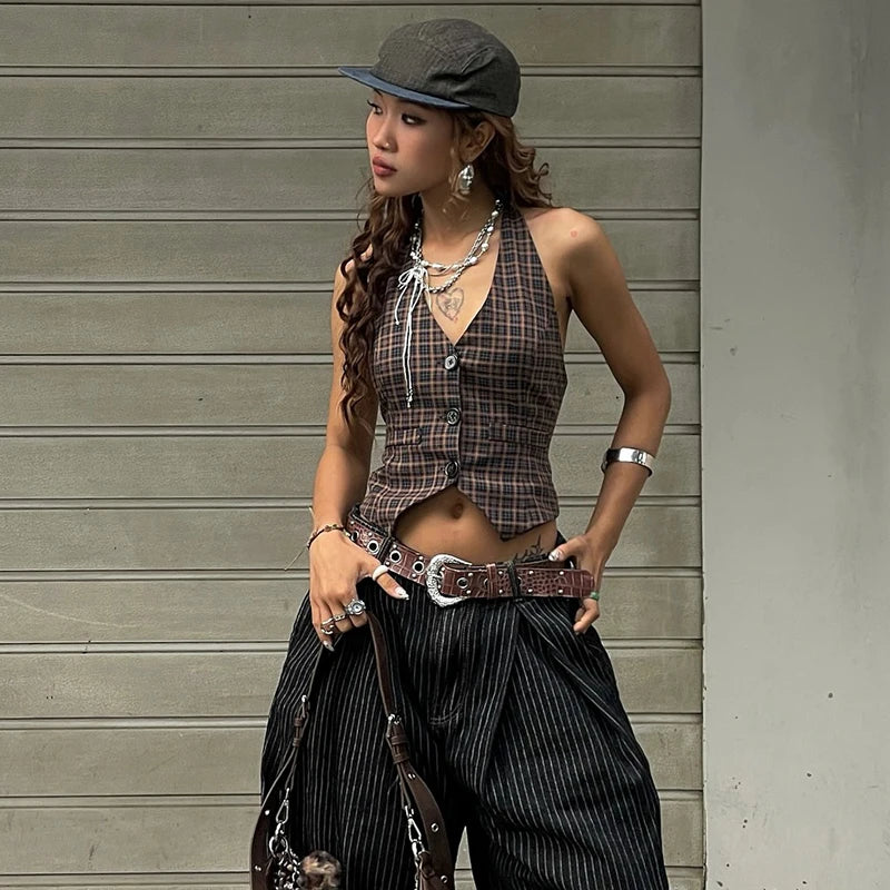 Hnewly Plaid Print Vintage V-neck Buttons Retro Casual Halter Crop Top Y2K Summer Daily Sweet Cute Outdoor New All-Match Vest