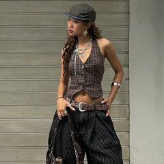 Hnewly Plaid Print Vintage V-neck Buttons Retro Casual Halter Crop Top Y2K Summer Daily Sweet Cute Outdoor New All-Match Vest