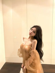 Hnewly  Woman Dress Mesh Patchwork Slash Neck Off Shoulder Puff Sleeve Spring Summer Elegant Backless Sweet Mini Dresses