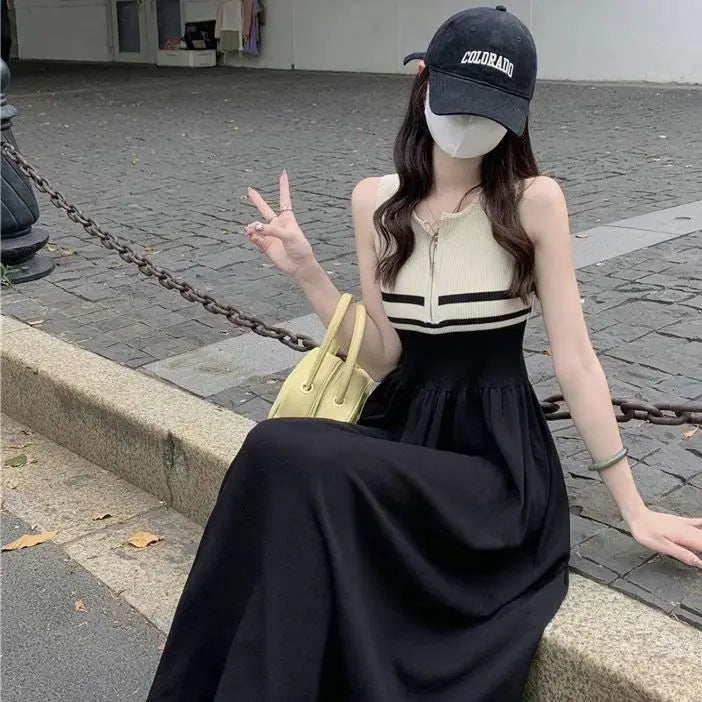 Hnewly  Contrast Color Striped Sleeveless Vest for Women in Summer New Waist-hugging and Slimming A-line Midi Dress the dress black dress white dress