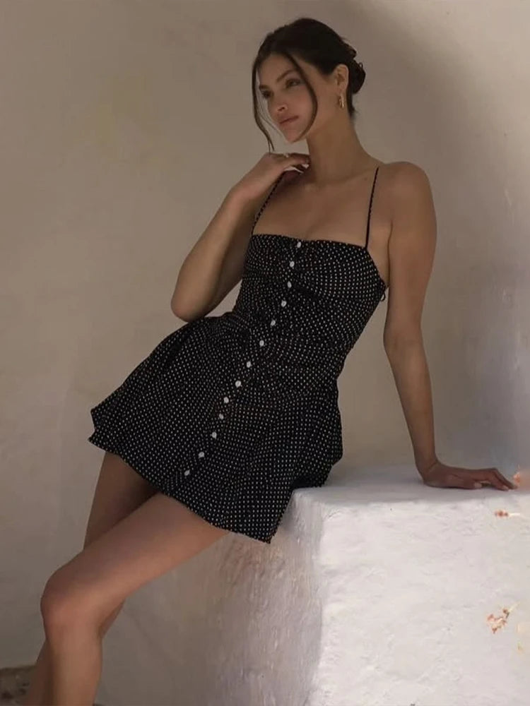 Hnewly Speckled Print Dress Women Summer Spaghetti Strap Sleeveless Single-Breasted Pleated Midnight Club Party Mini Bodycon