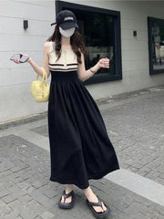 Hnewly  Contrast Color Striped Sleeveless Vest for Women in Summer New Waist-hugging and Slimming A-line Midi Dress the dress black dress white dress