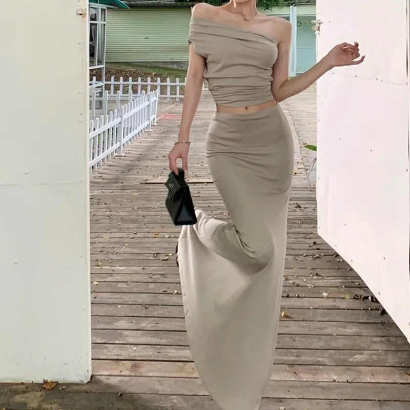 Hnewly Women's Summer One Shoulder Pleated Slimming Top, Slim Fit Half Skirt, Long Skirt Two-Piece Set