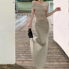 Hnewly Women's Summer One Shoulder Pleated Slimming Top, Slim Fit Half Skirt, Long Skirt Two-Piece Set