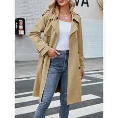 Hnewly  Women's Double Breasted Long Trench Coat, Classic Lapel V-Neck Long Sleeve Windproof Overcoat with Belt