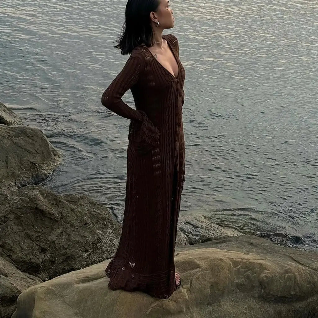 Hnewly Women Y2K Chic Flare Long Sleeve Aesthetic Button-down V-Neck Ruffle Hem Hollow Out Knitted Long Dress Boho Beachwear