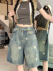 Hnewly  American Retro Washed Vintage Star Denim Shorts Y2k Straight Loose Wide Leg Pants New All-match Five-point Pants