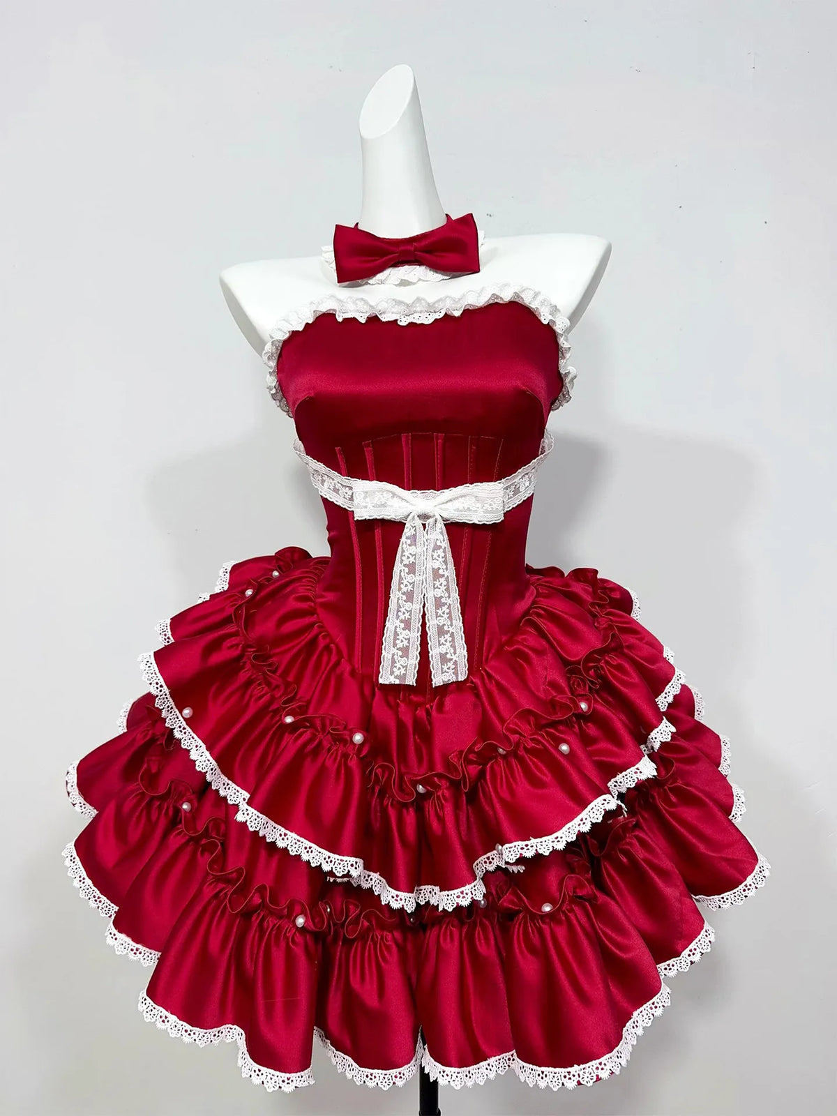 Hnewly  Summer New Red Satin Strapless Lolita Dress Women Lace Trim Tiered Ruffle Bow Party Mini Ball Gown Cosplay Costume