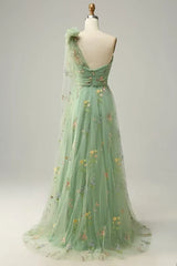 Lunivop  High Quality One Shoulder Green Tulle Pleat Appliques Flowers Sleeveless Elegant Dress Women for Wedding Party