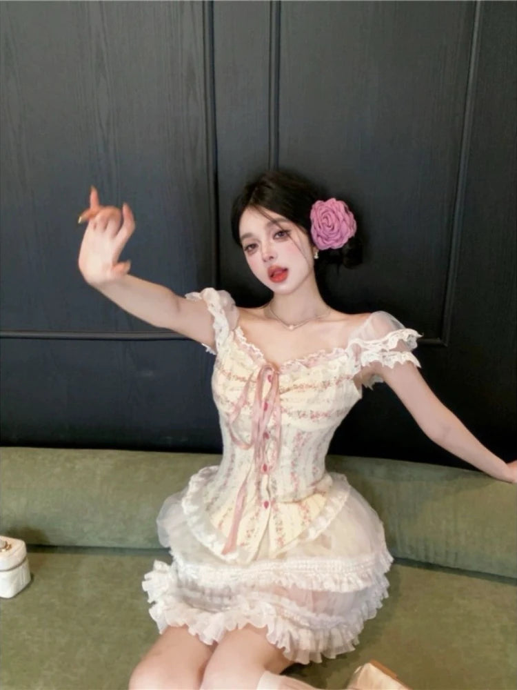 Hnewly Sweet Kawaii 2 Piece Skirt Sets Women Casual Y2k Corset Tops + Lace Mini Skirts Japanese Lolita Suits Female Elegant Clothing