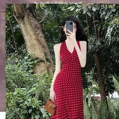 Hnewly  Red Polka Dot Neck Sling Dress for Women's Summer Travel, Beautiful Seaside Vacation, Beach Long Skirt for Women
