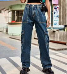 Hnewly  New Women's Cargo Wide Leg Pants Pocket Detail and Relaxed Fit Design Casual Fashion Bottoms for Street Wear Denim Pants