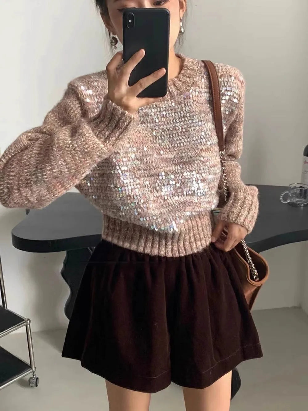 Hnewly  Fashion Sequin Short Sweater for Women's Spring Autumn New Soft Knitted Top Pullover Casual Round Neck Loose All-matched Top