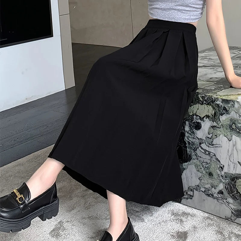 Hnewly  Classic Pleated A-Line Suit Skirts Women Loose Elastic Waist Skirts for Woman Office Lady Solid Color High Waist Skirt Mujer