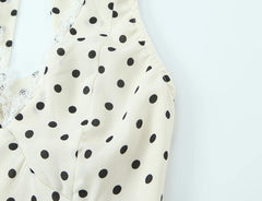 Lunivop  Sexy Beige Polka Dot Spliced Lace Bow Halter V Collar Backless Mini Dress Women Elastic Zipper Back A-line Short Robe Holiday