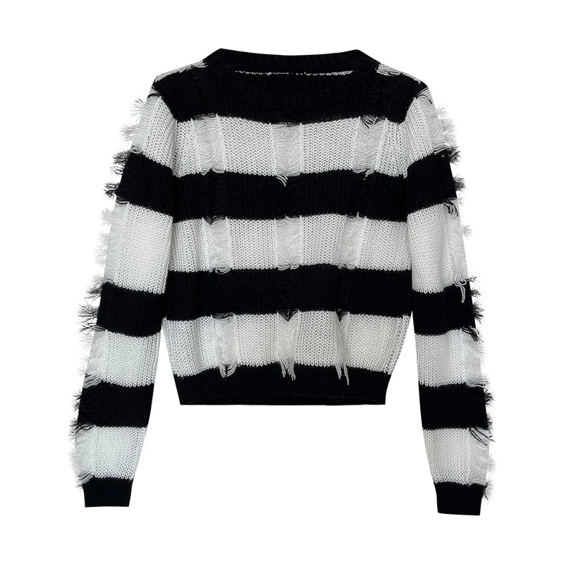 Hnewly  Loose Stripe Hole Knitted Sweater Women's 2025 Autumn Winter New Retro Japanese Short Pullover Tassel Versatile Tops