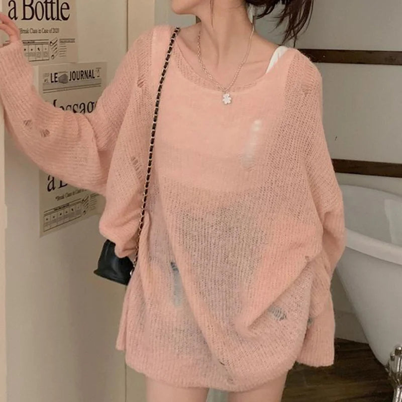 Hnewly Gothic Sweater y2k Clothes Women Solid Color Round Neck Long Sleeve Ripped Knitted Top 2000s Grunge Clothing Streetwear