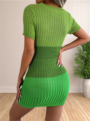 Hnewly  Womens Sweater Dress Summer Color Block Crewneck Short Sleeve Cut Out Bodycon Dresses