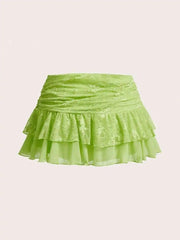 Hnewly  Ultra Low-Waist Lace Mesh Double Layer Pleated Wrap Tie High Slit Skirt