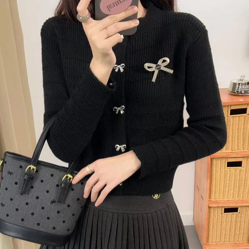 Hnewly  Ribbon Button Up Knit Cardigan Sweater for Women Long Sleeve Button Front Sweater Jacket Teen-girl Y2K Cute Outfit