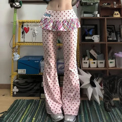 Hnewly  Harajuku Kawaii Sweet Star Pants for Women Fake Two Piece Pink Wide Leg Pants Autumn Thin Slim Waist Skirts Pants