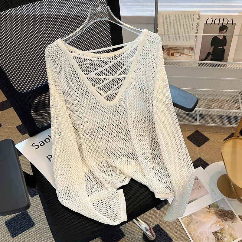 Hnewly Black White Striped Ice Silk Knitted Sweater Women Long Sleeved Loose Lazy Style Mesh Pullover Spicy Girl Hollow Out Top