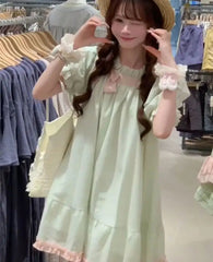 Hnewly  Mini Dresses Women Sweet Bow Ruffles Patchwork Puff Short Sleeve Summer Fashion Casual Party Dress Princess Casual