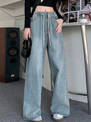 Hnewly  Elastic Waist High Waist Wide Leg Jeans for Women Loose Straight Blue Long Denim Pants Female Fashion Streetwear Jeans
