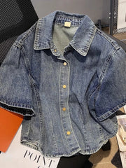 Hnewly  Retro Denim Jacket Women's 2025 Summer New Loose Versatile Short Sleeved Top Large Size Single Breasted Turndown Collar Shirt