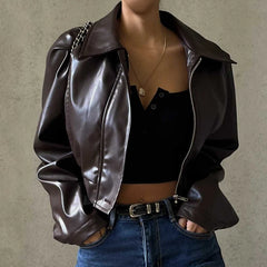 Hnewly PU Faux Leather Jacket Aesthetic Fashion Streetwear Turn-down Collar Coat Women Autumn Casual Simple Long Sleeve Coats