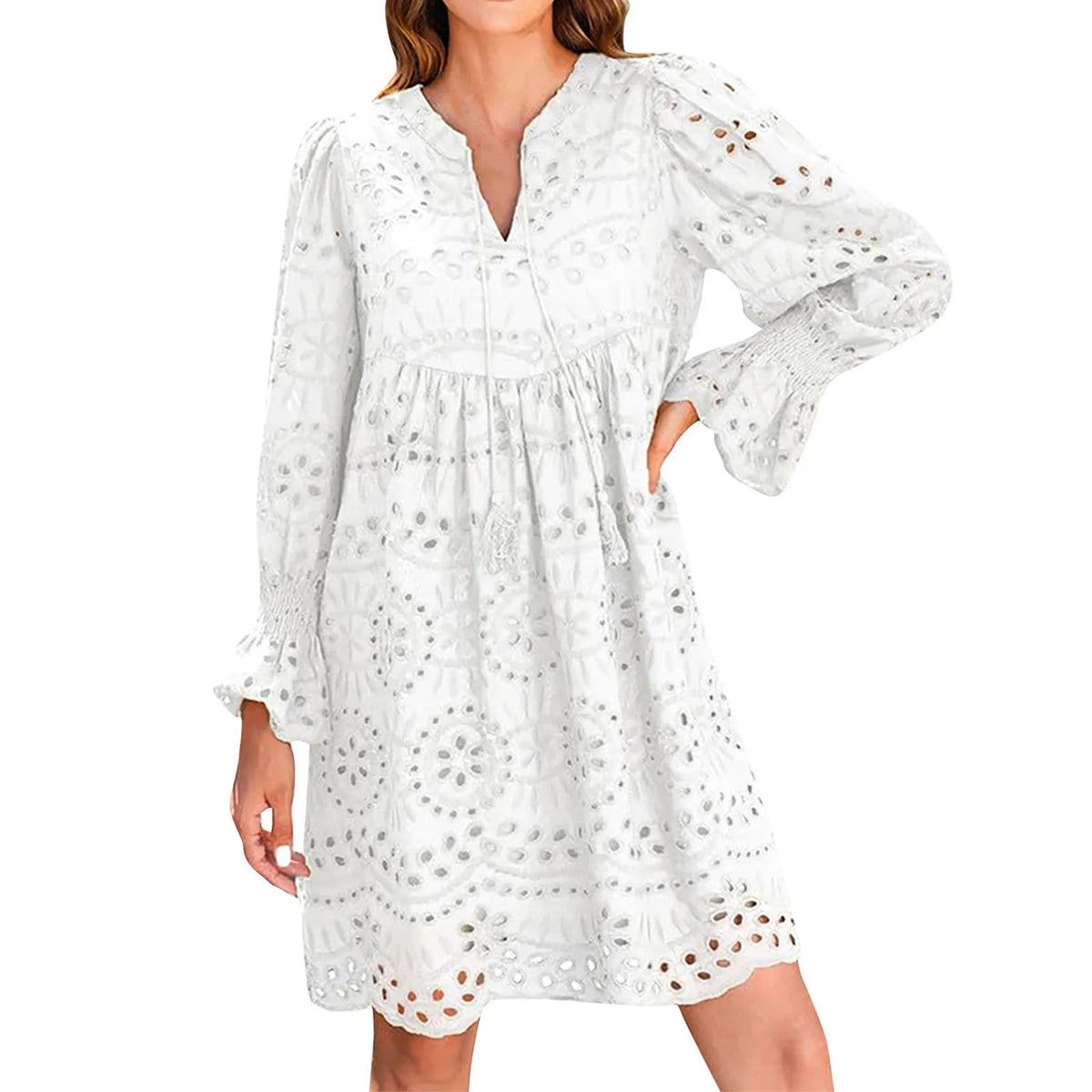 Hnewly  Women's Spring And Summer Sexy Hollow Out Lace Long Sleeve V-neck Skirt Solid Color Breathable V-Neck Casual A-line Dresses