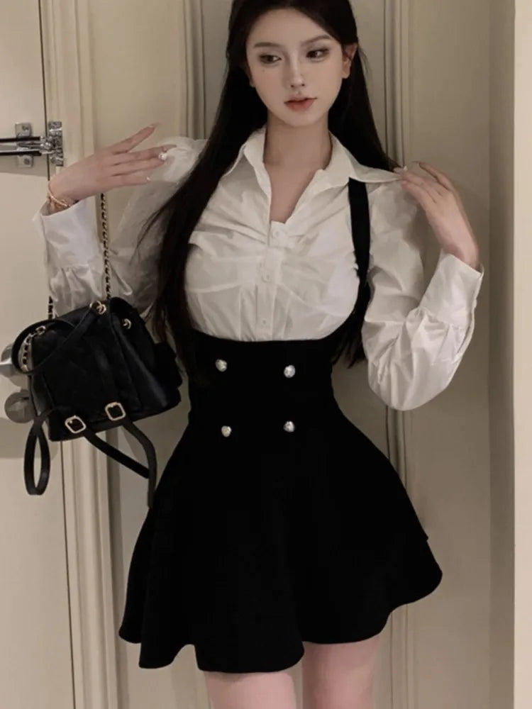 Hnewly 2025 spring fashion trend Korean Women Cropped Coat Long Sleeve Shirt High Waist Halter Ruffles Mini Dress Chic Fashion Sexy Outfits Y2K 3 Piece Set  New