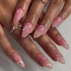 Hnewly 24Pcs Y2K Press on Nails Diamond Star Love Designs Almond False Nails Artificial Butterfly Fingernail Full Cover Fake Nail Tips