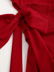 Lunivop  Red one shoulder bow adorned ruched short dress,Red asymmetrical strap bow slim fit dress,Red one shoulder ruffled mini dress
