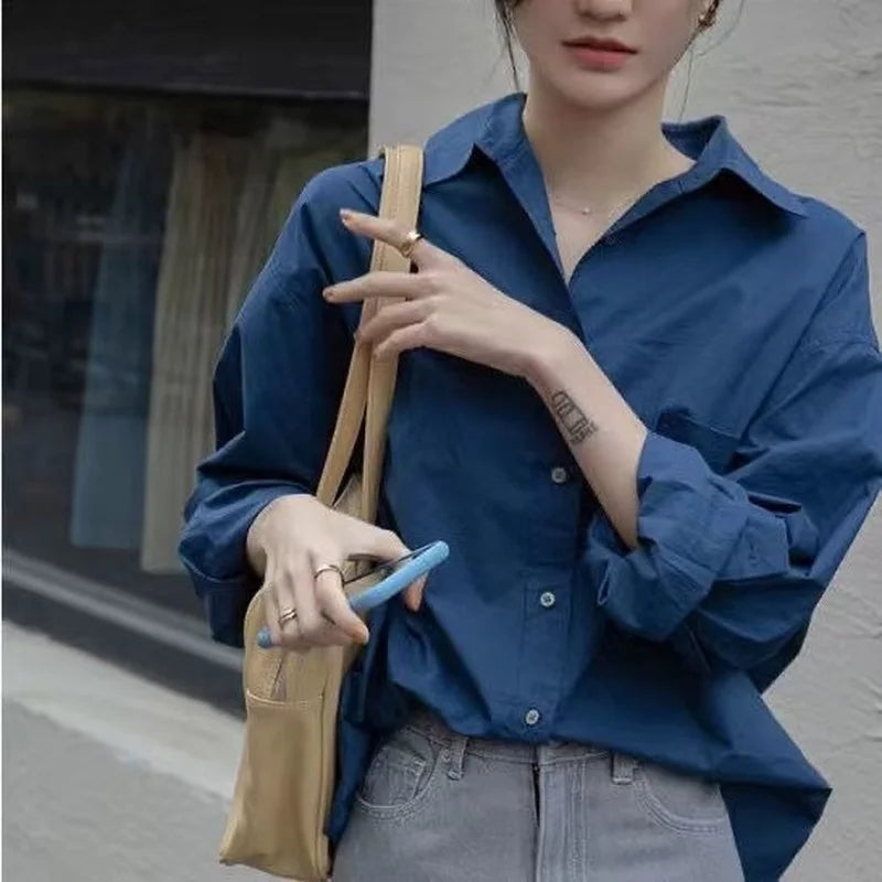 Hnewly Shirts Women 5 Colors Autumn Design Pure Casual All-match Fashion Office Lady Korean Style Baggy Vintage Aesthetic Temperament