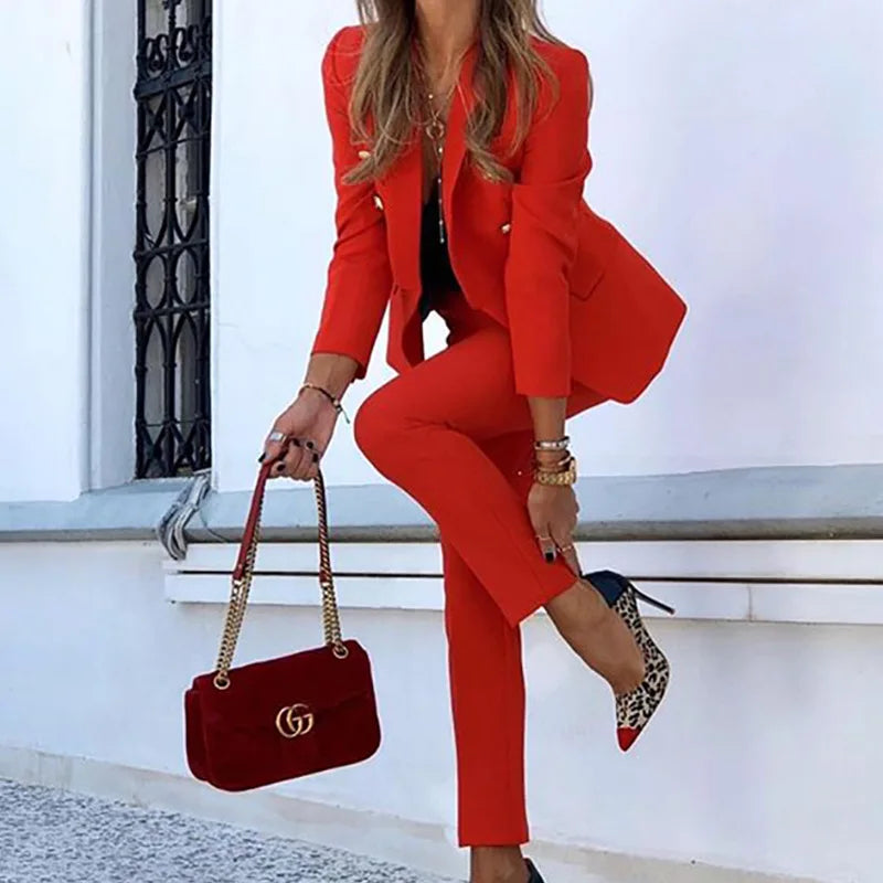 Hnewly 2 Pieces Set Women Turn-down Coat Pants Suit Business Style Long Sleeve Commute Trousers Set Top Casual Office Outfit