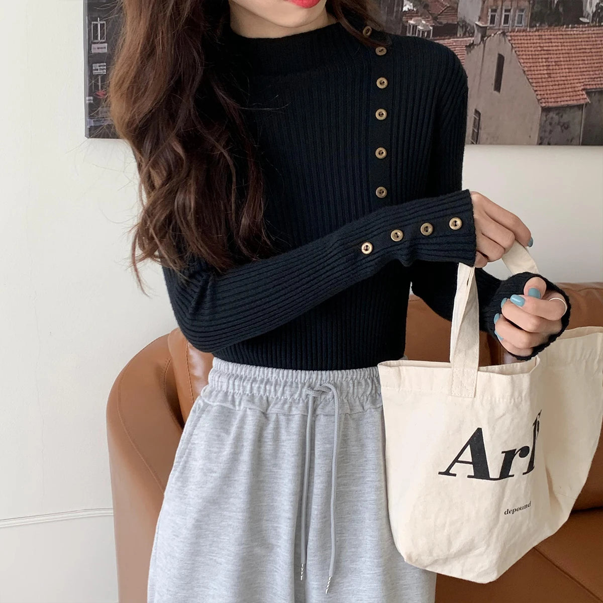 Hnewly  Rib Knit Top Mock Neck Long Sleeve Slim Fitted Sweater Mockneck Pullovers Women Plain Jumper Teen-girl Fall Winter Outfit