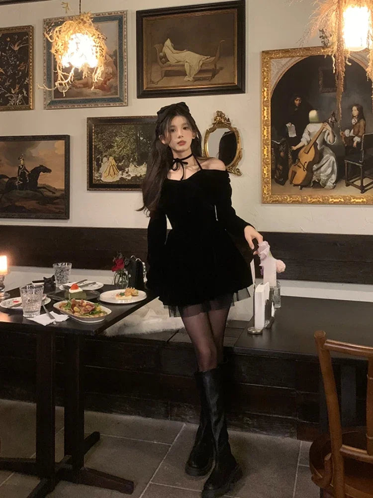 Hnewly holiday dress Winter Vintage Red Velvet Short Party Dress Woman Bow Elegant Y2k Mini Dress Lolita Kawaii One Piece Dress Korean Fashion