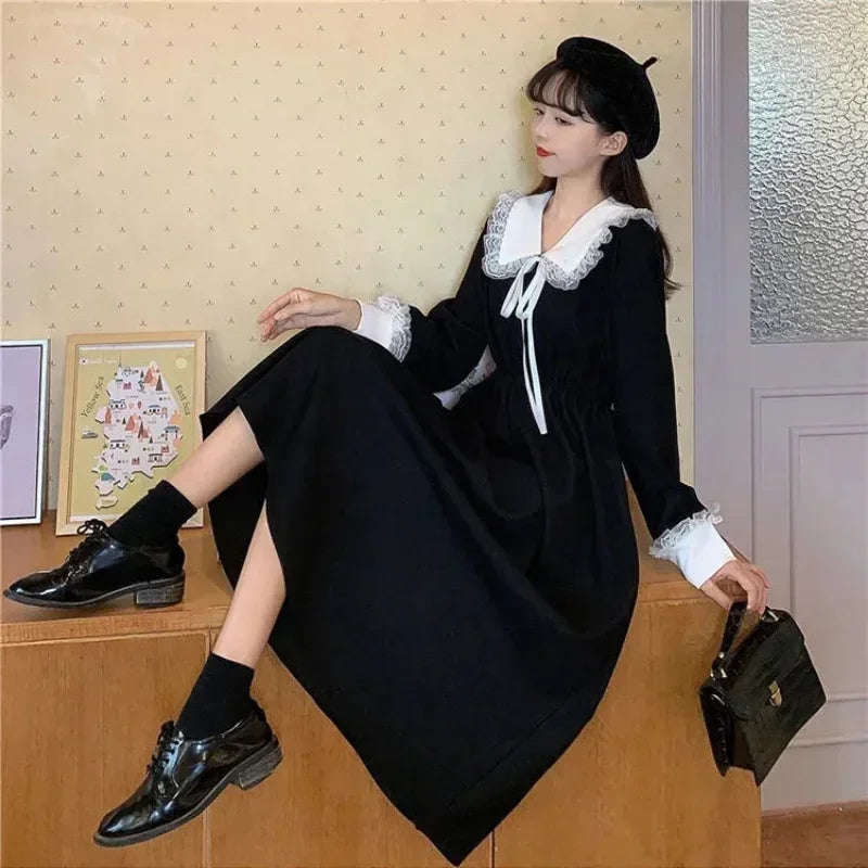 Hnewly holiday dress New Vintage Shirt Dress Women Autumn Spring Long Sleeve Robe Kawaii Lolita Elegant Midi Dresses Korean Fashion Vestido платье