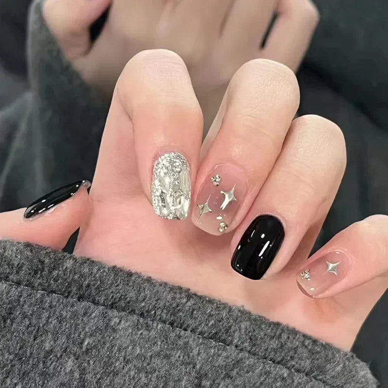 Hnewly 24pcs Detachable Short Press on Nails Y2k rhinestone False Nails with Glue Ballet Sweet Cool Girls Artificial False Nails Tips
