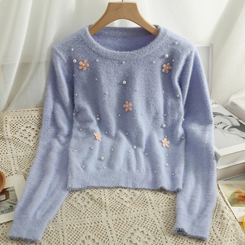 Hnewly  Women's Short Sweater Autumn Winter Fashion Beaded Slim Long Sleeve Pullover Korean Versatile O-neck Loose Knitted Tops