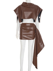 Hnewly  Cutenew Sexy PU 2-Peice Set Women Turn-Down Collar Waistless Shawl+Zip Ribbon Skinny Peach Hip Skirt Matching Street Outfits