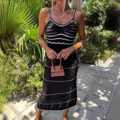 Hnewly Spring Summer New V-neck Knitted Hollow Strap Dress