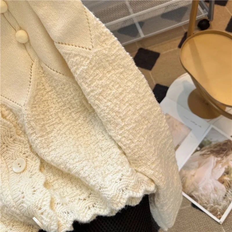 Hnewly  Korean Sweater Cardigan Women's Spring Autumn 2025 Versatile Soft Knitted Jacket Elegant Lace Single Breasted Long Sleeved Top