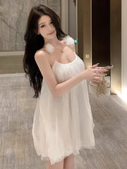 Hnewly  Woman Dress Sleeveless Slash Neck Flowers Backless French Style Chic Sweet Elegant Mini Dresses Female Casual Party