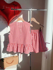 Hnewly  Red Plaid Lace-Up Camisole And Shorts Set For Women