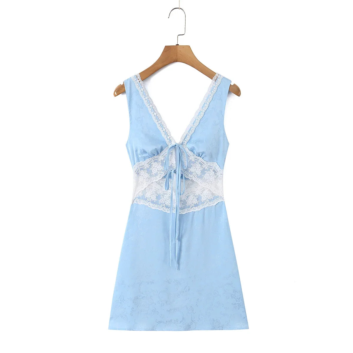 Lunivop  Fashion Light Blue Satin Spliced Lace V neck Tank Dress Women Hollow Out Slim Waist A-lined Sleeveless Short Dresses Femme Robe